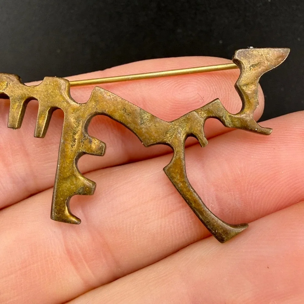 Vintage Brutalist Abstract Brooch Brass Tone Geometric Sculptural Pin READ